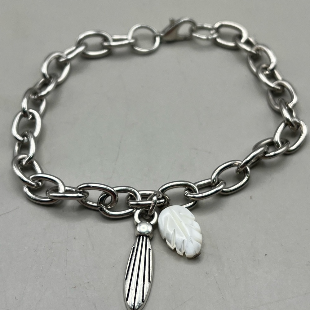 Silver Charm Bracelet with Mother of Pearl Leaf and Feather